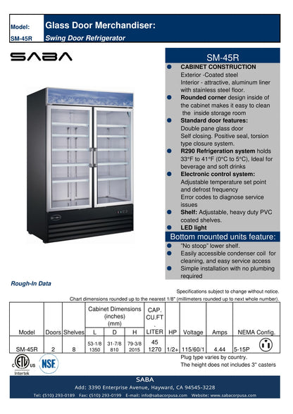 SABA  - Two Glass Swing Door Commercial Merchandiser Cooler - SM-45R