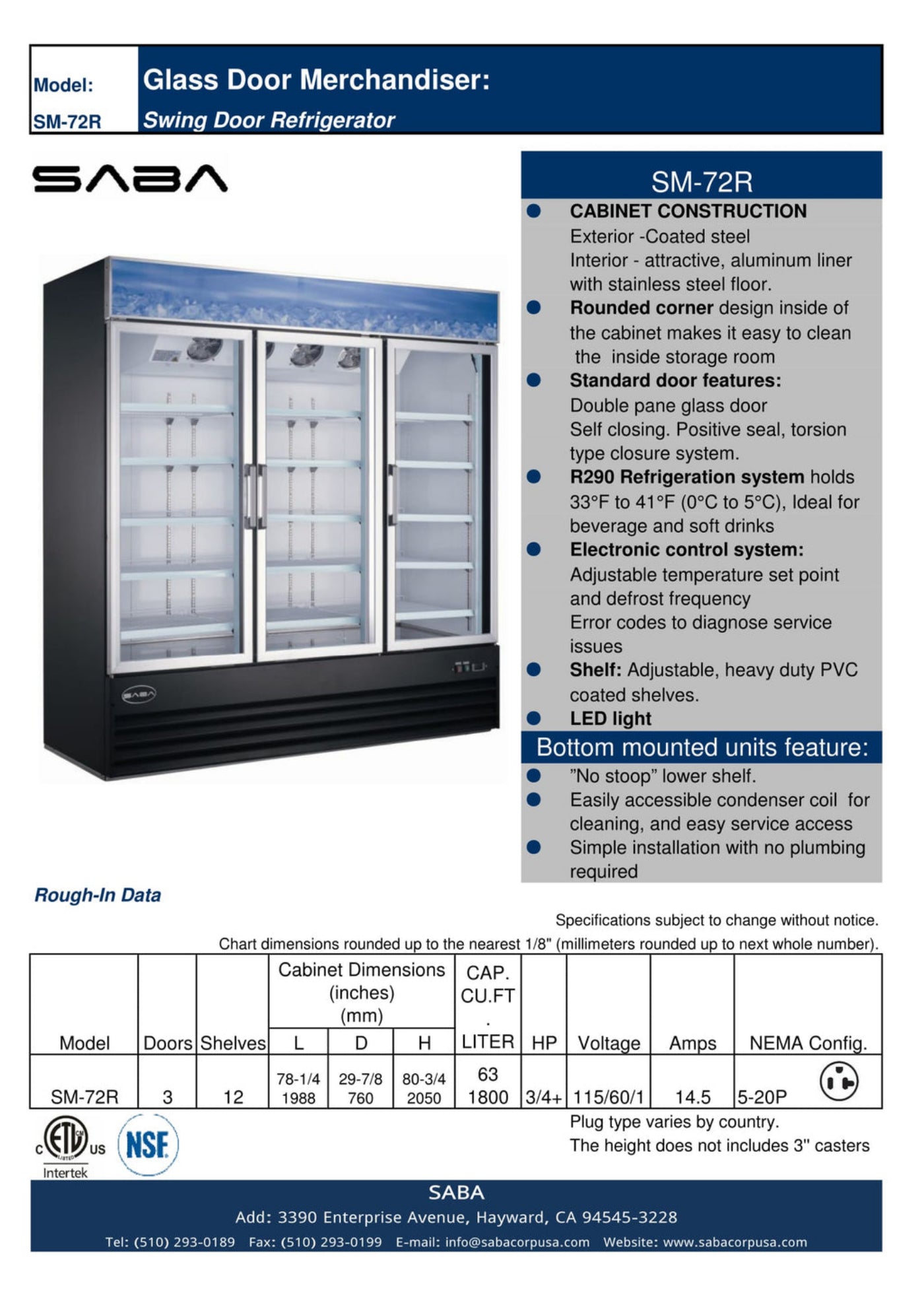 SABA  Three Glass Door Commercial Merchandiser Cooler - SM-72R