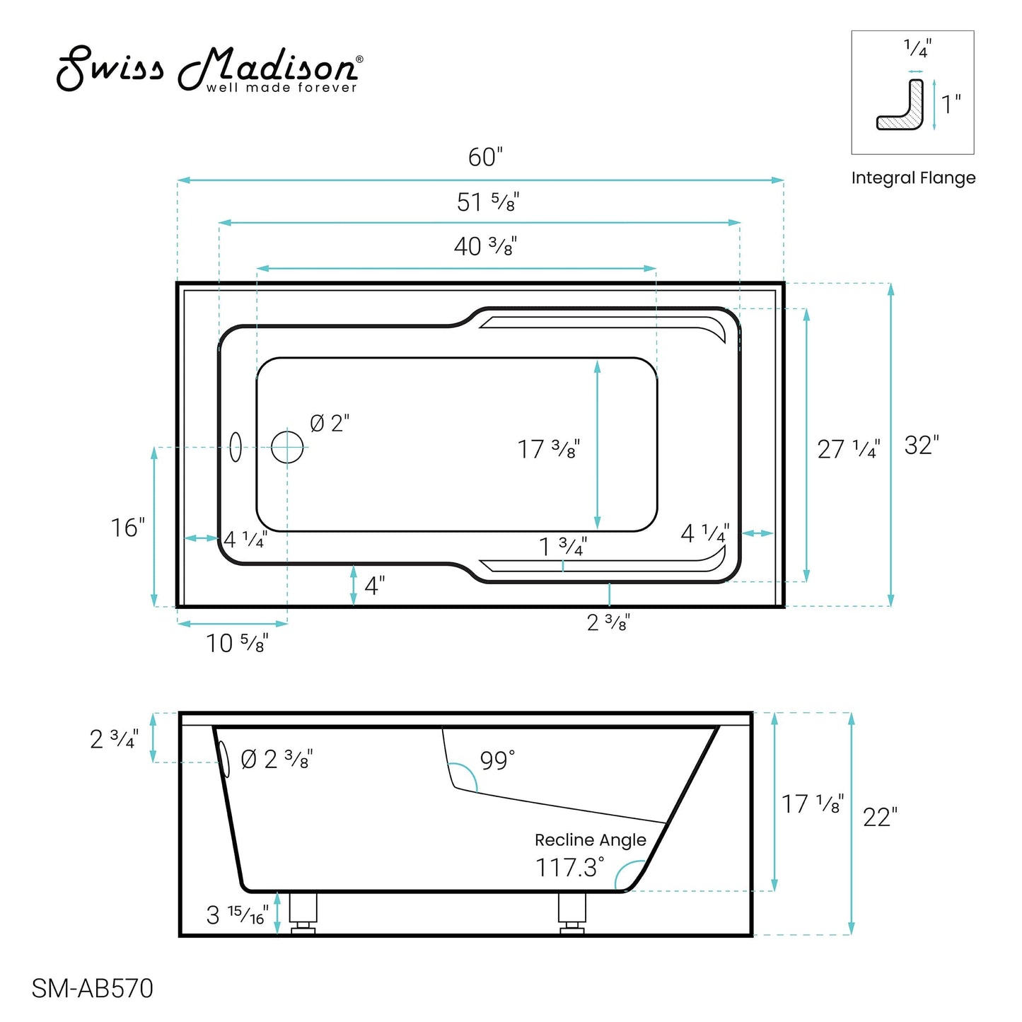 Swiss Madison Claire 60" x 32" Left-Hand Drain Drain Alcove Tub with Corner Apron - SM-AB570 - Backyard Provider