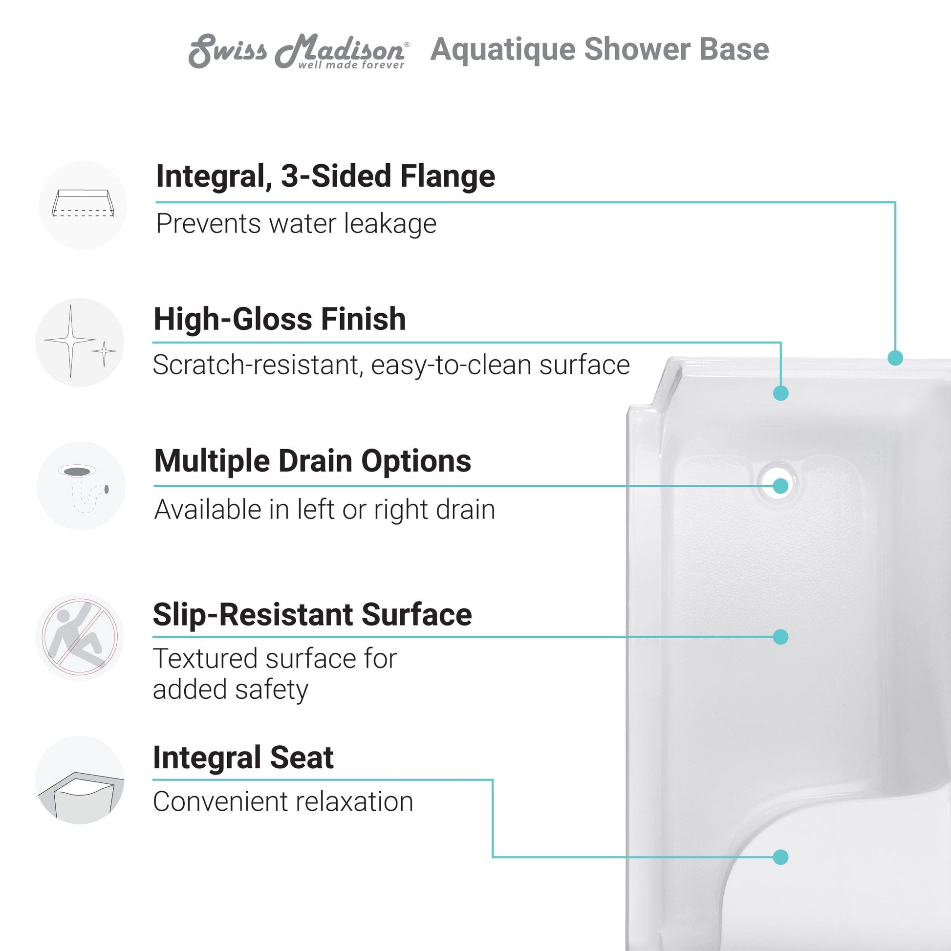 Swiss Madison Aquatique 60" x 32" Left Drain, Shower Base - SM-SB537W - Backyard Provider