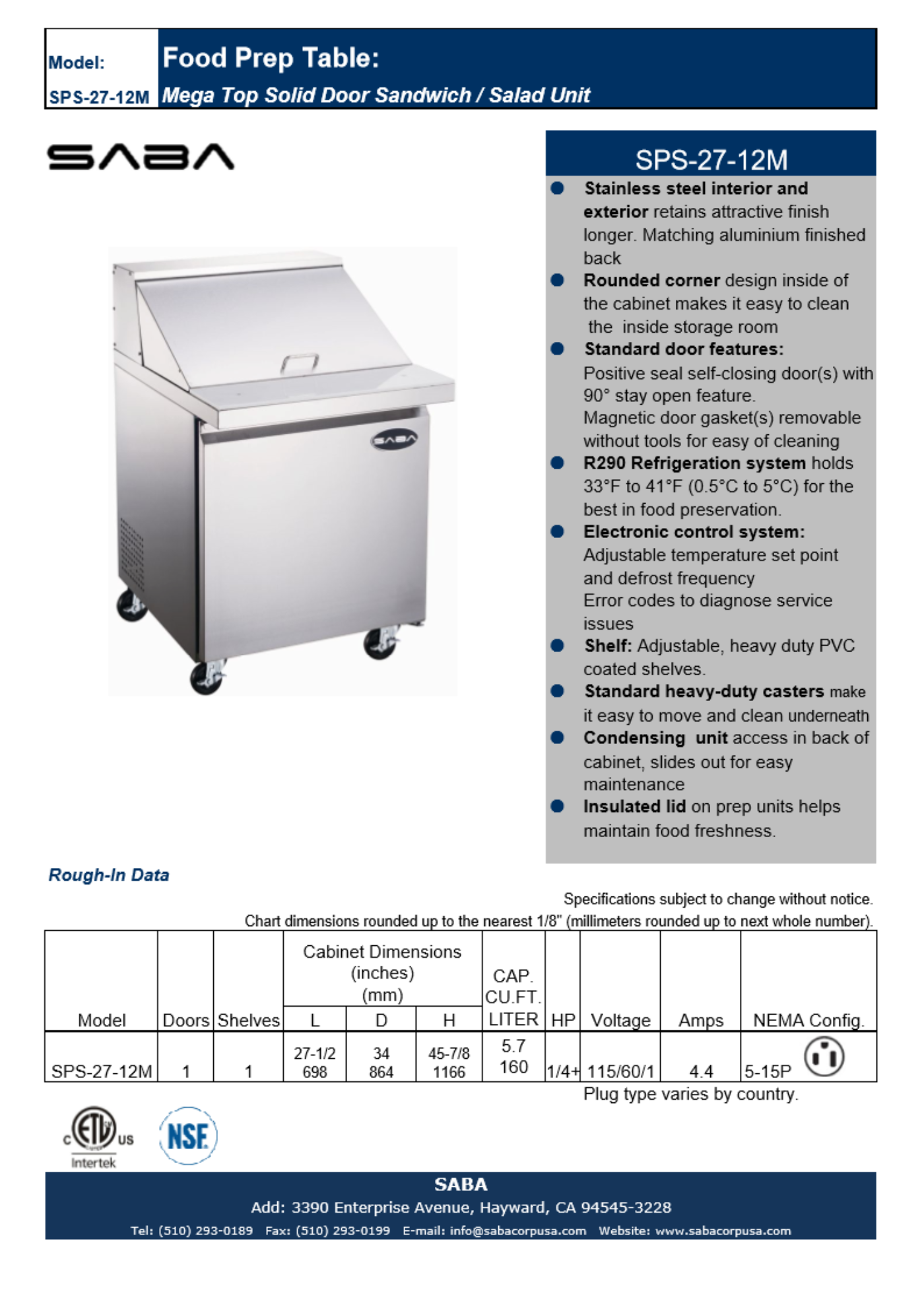 SABA SPS-27-12M - 27" One Door Commercial Mega-Top Sandwich Prep Table with 12 Pans