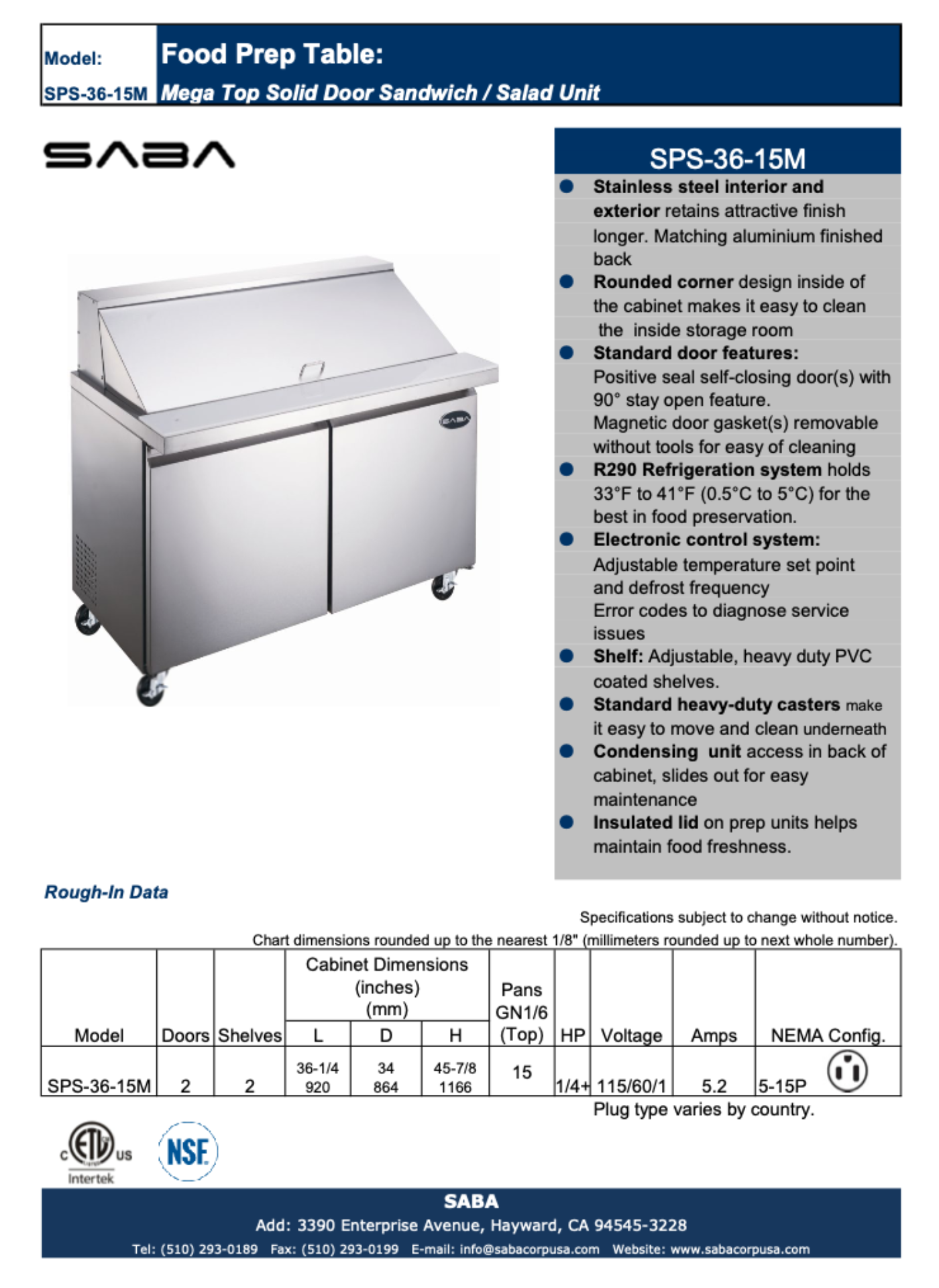 SABA SPS-36-15M - 36" Two Door Commercial Mega-Top Sandwich Prep Table with 15 Pans