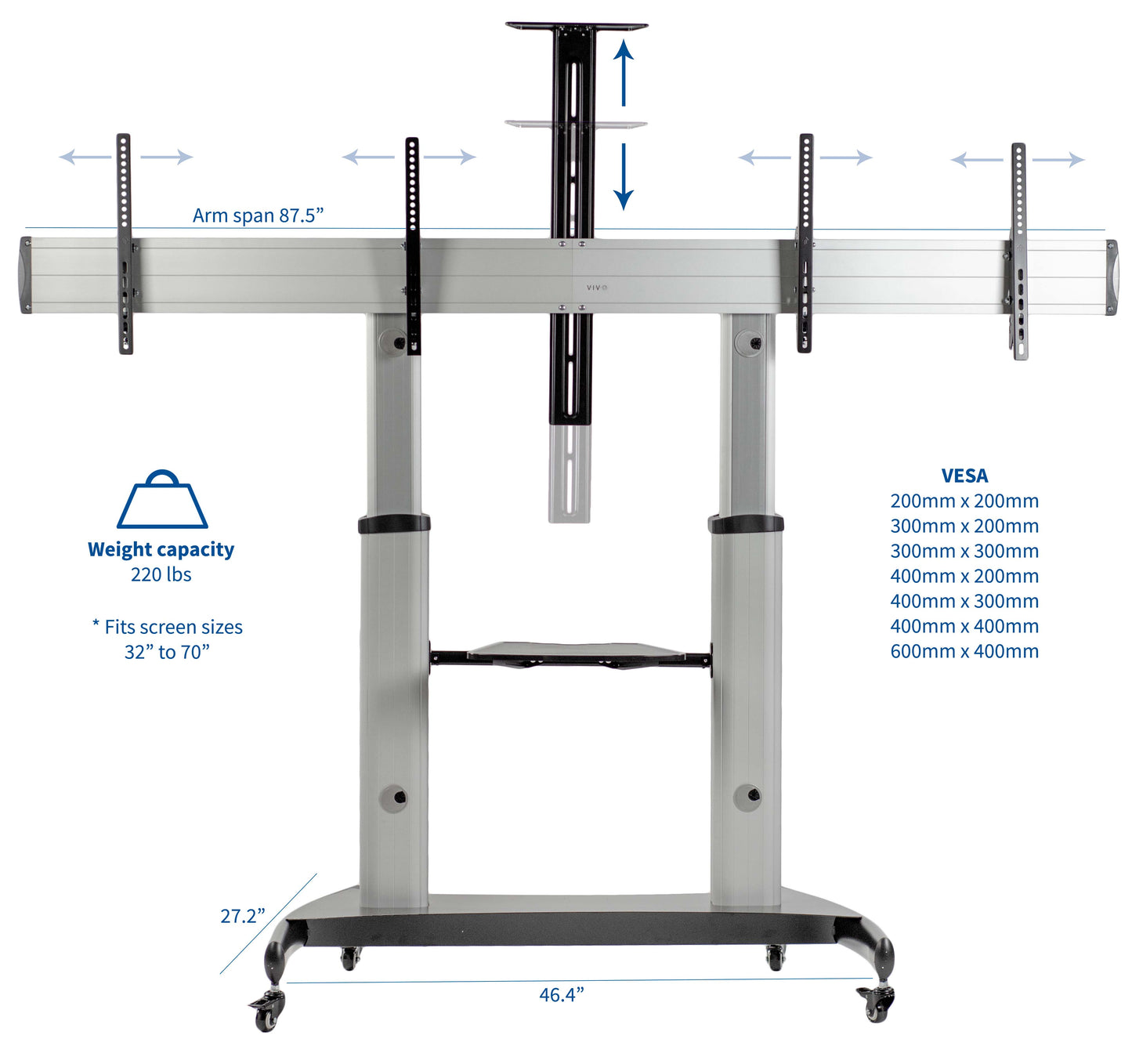 VIVO Aluminum TV Cart - 32” to 70” Screens - STAND-TV12H