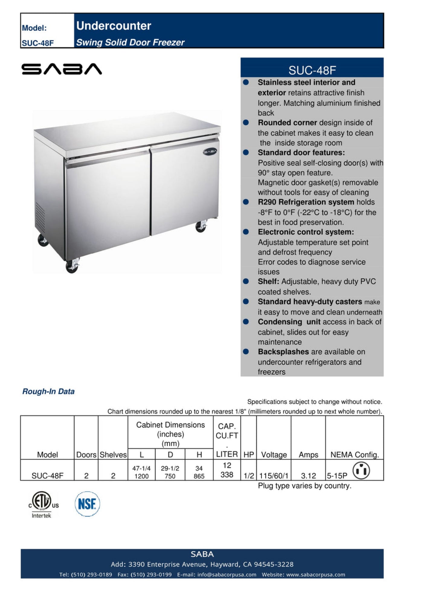 SABA  - 48" Two Door Commercial Under-Counter Freezer - SUC-48F