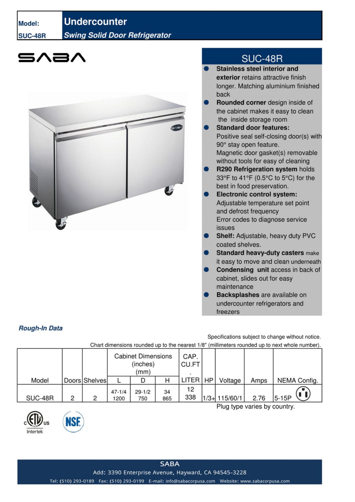 SABA 48" Two Door Commercial Under-Counter Cooler - SUC-48R
