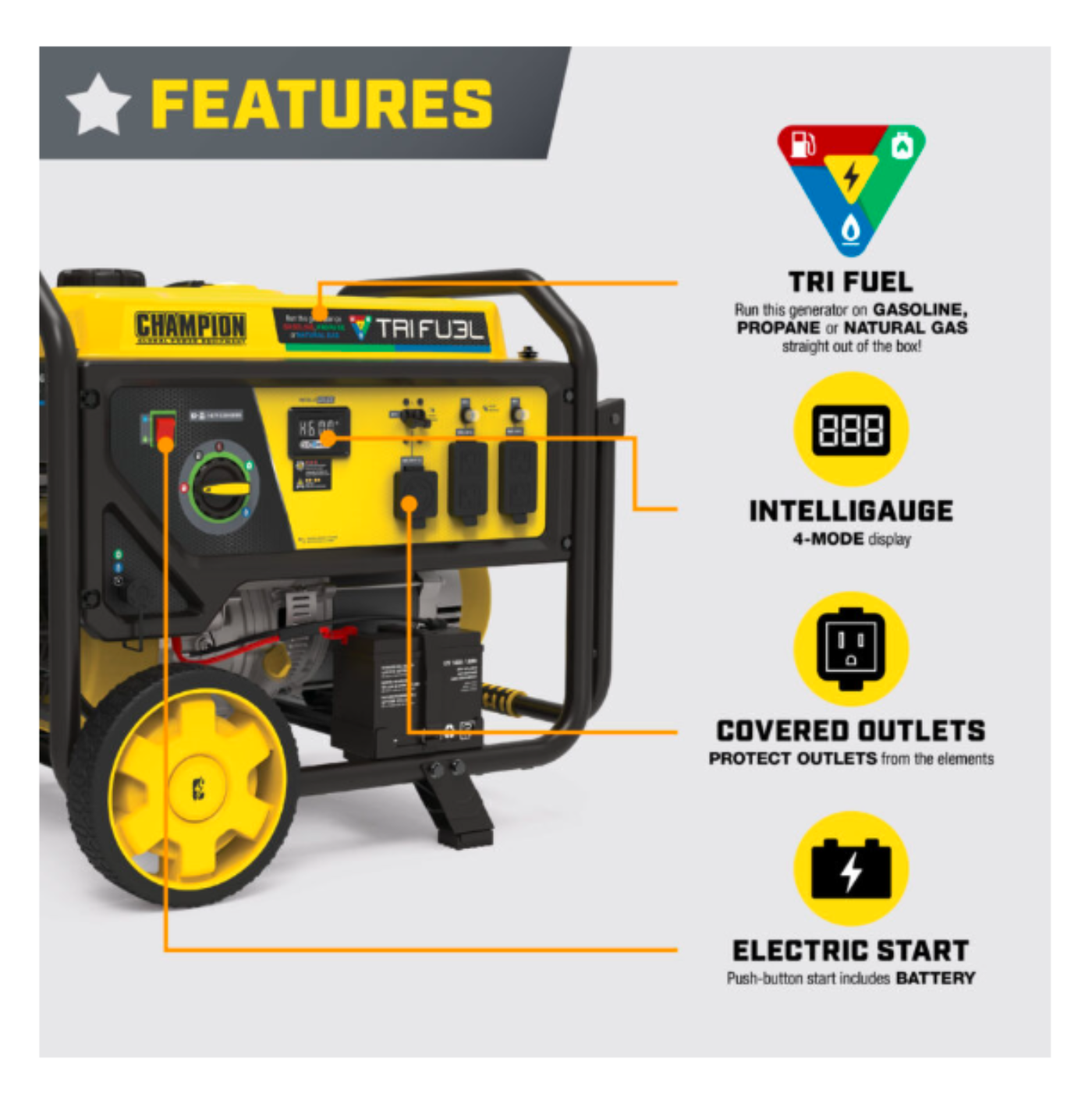 Aurora Generators  Champion 6500W Electric Start Tri-Fuel Generator with CO Shield  – Runs on Gas - 201169