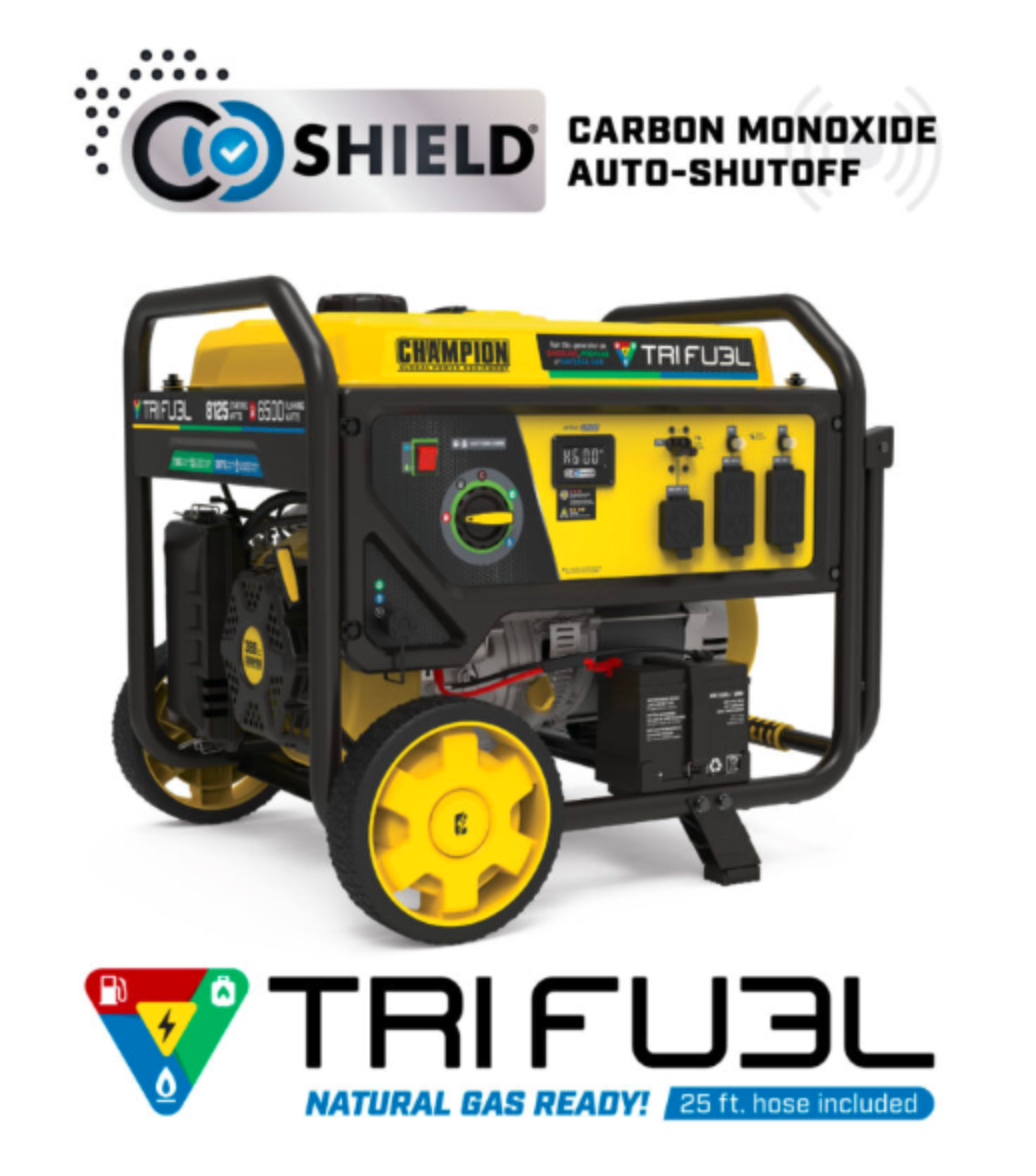 Aurora Generators  Champion 6500W Electric Start Tri-Fuel Generator with CO Shield  – Runs on Gas - 201169