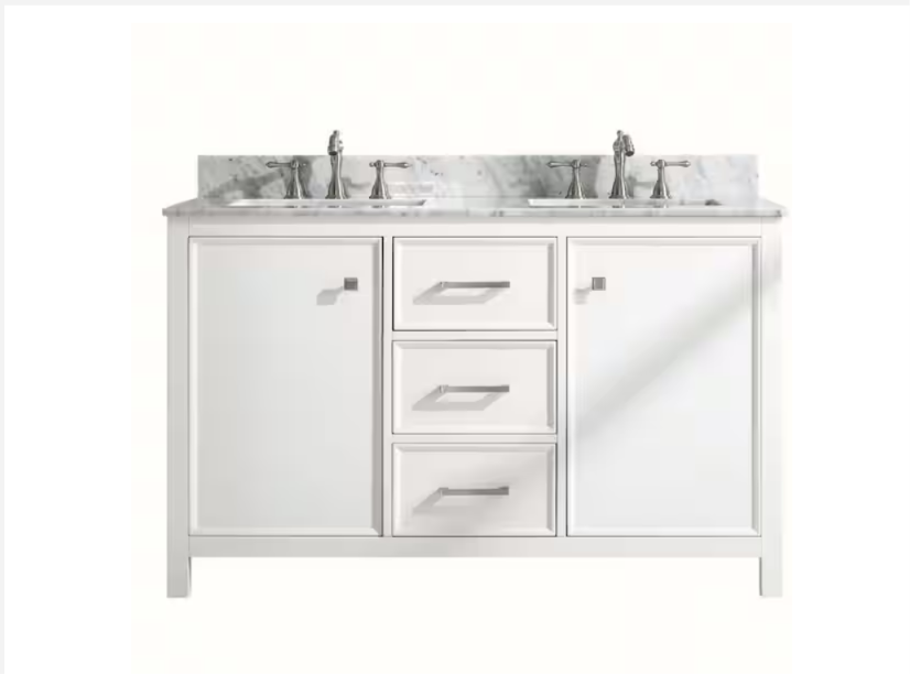 54 in. W x 22 in. D Vanity in White with Marble Vanity Top in White with White Basin with Backsplash