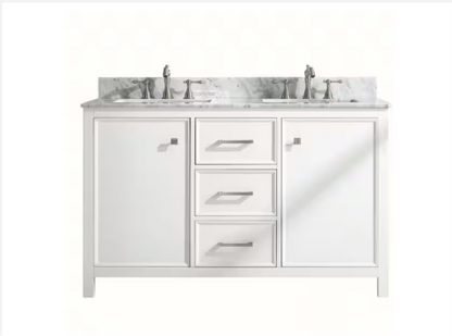 54 in. W x 22 in. D Vanity in White with Marble Vanity Top in White with White Basin with Backsplash