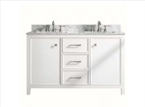 54 in. W x 22 in. D Vanity in White with Marble Vanity Top in White with White Basin with Backsplash