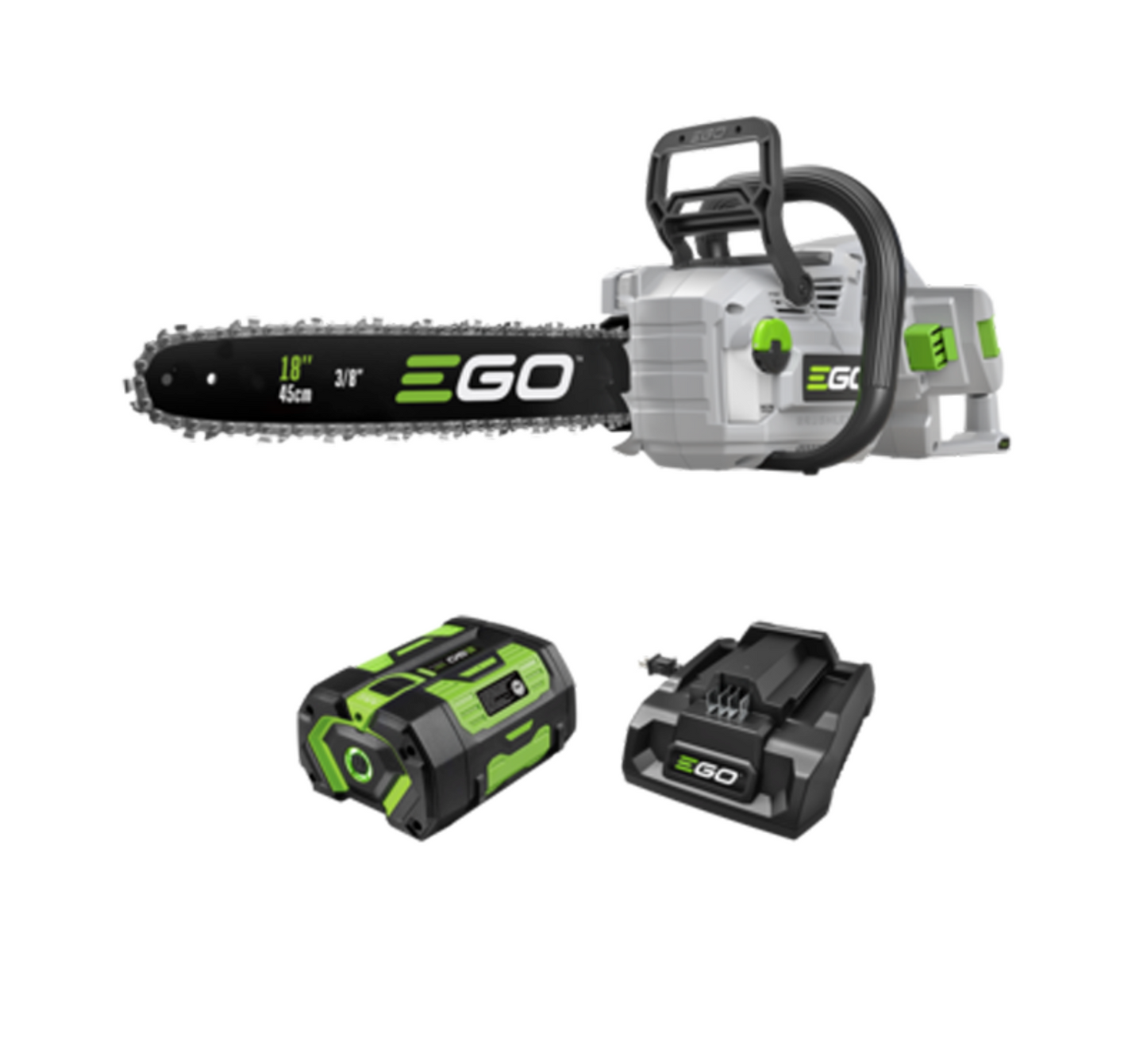 EGO Power+ 18 Inch Chain Saw with 2500W Motor, Digital Display and Adjustable LED Work Light with 6Ah Battery and Charger - CS1815