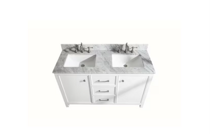 54 in. W x 22 in. D Vanity in White with Marble Vanity Top in White with White Basin with Backsplash
