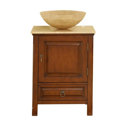 Silkroad Exclusive 22" Single Sink American Chestnut Bathroom Vanity With Travertine Bevel Edge Countertop - HYP-0158-T-22