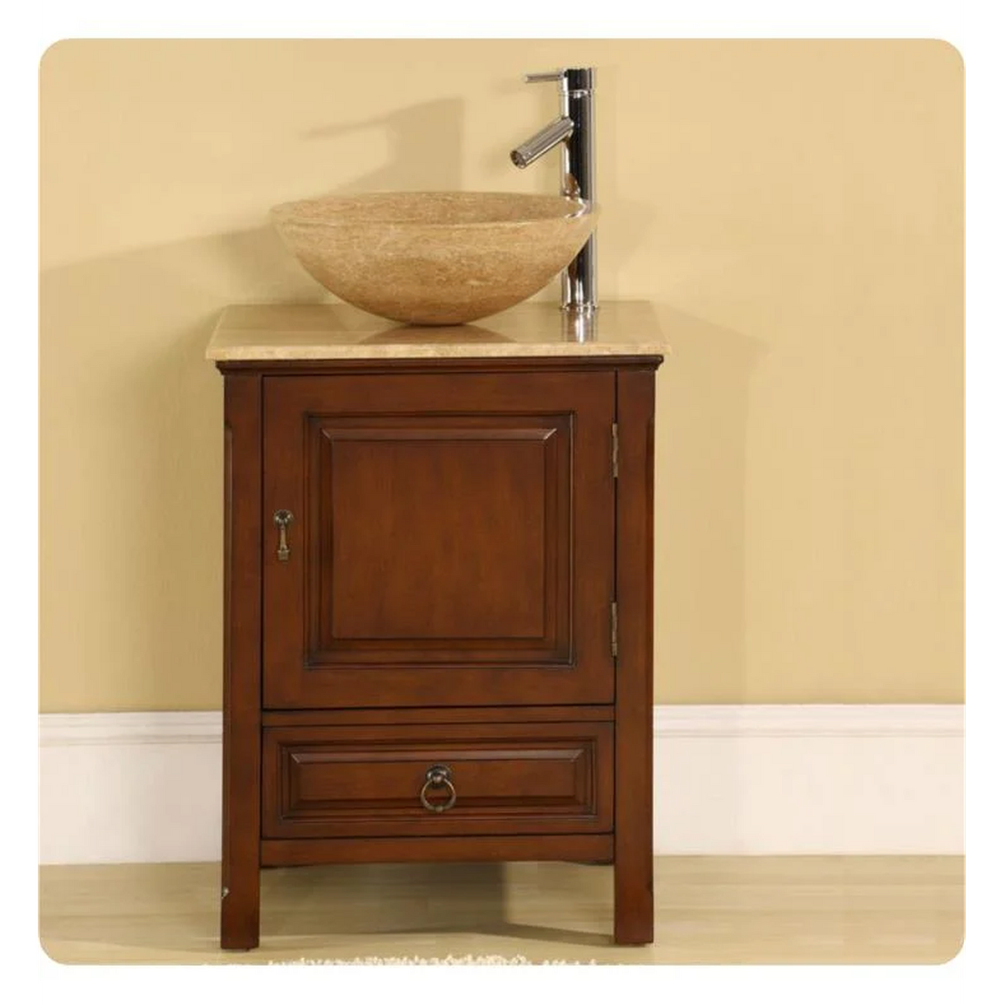 Silkroad Exclusive 22" Single Sink American Chestnut Bathroom Vanity With Travertine Countertop and Travertine Round Vessel Sink - HYP-0158-T-22_S29B