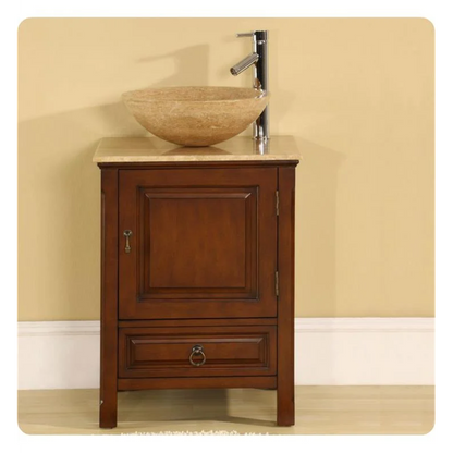 Silkroad Exclusive 22" Single Sink American Chestnut Bathroom Vanity With Travertine Countertop and Travertine Round Vessel Sink - HYP-0158-T-22_S29B