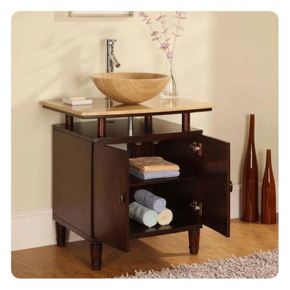 Silkroad Exclusive 29" Single Sink Dark Chestnut Bathroom Vanity With Travertine Bevel Edge Countertop - HYP-0808N-T-29