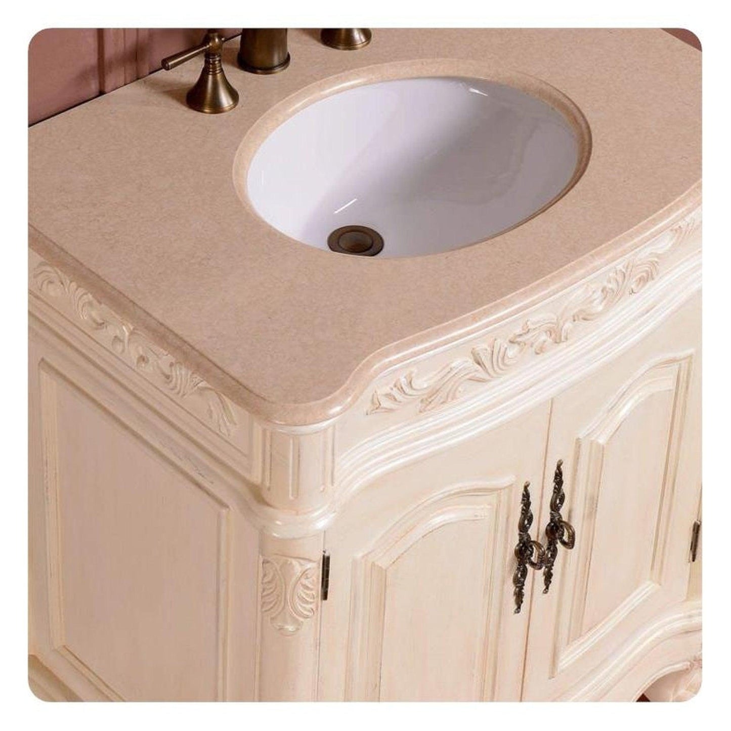 Silkroad Exclusive 32" Single Sink Antique White Bathroom Vanity With Crema Marfil Marbleountertop and White Ceramic Undermount Sink -ZY-0250-CM-UWC-32
