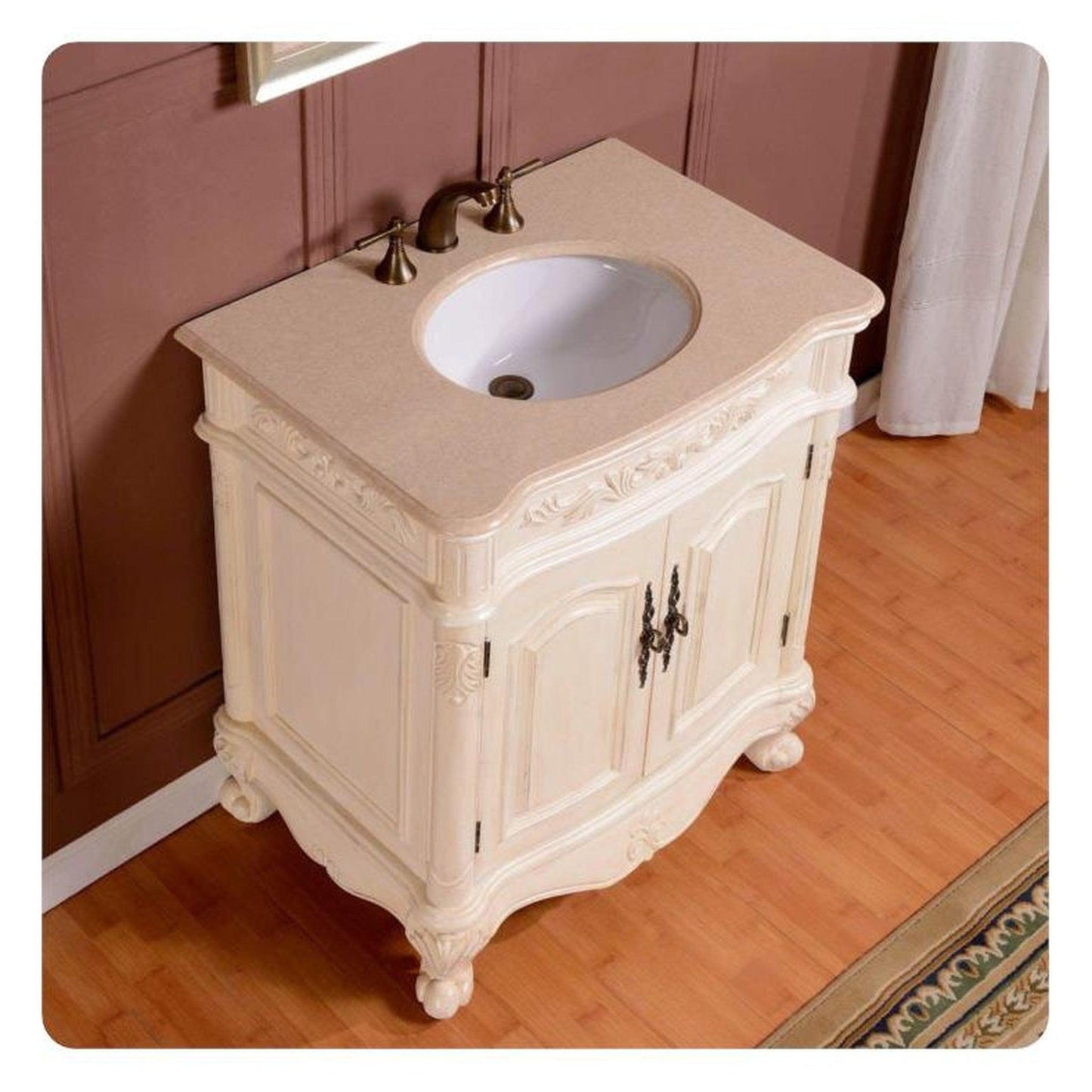 Silkroad Exclusive 32" Single Sink Antique White Bathroom Vanity With Crema Marfil Marbleountertop and White Ceramic Undermount Sink -ZY-0250-CM-UWC-32
