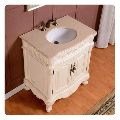Silkroad Exclusive 32" Single Sink Antique White Bathroom Vanity With Crema Marfil Marbleountertop and White Ceramic Undermount Sink -ZY-0250-CM-UWC-32