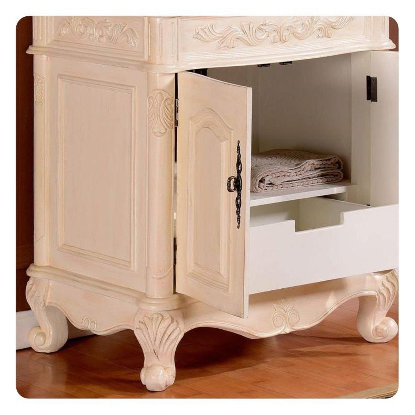 Silkroad Exclusive 32" Single Sink Antique White Bathroom Vanity With Crema Marfil Marbleountertop and White Ceramic Undermount Sink -ZY-0250-CM-UWC-32