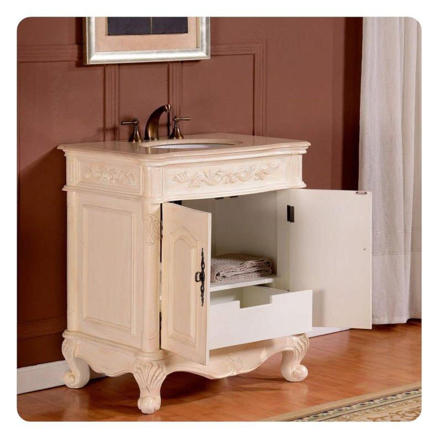 Silkroad Exclusive 32" Single Sink Antique White Bathroom Vanity With Crema Marfil Marbleountertop and White Ceramic Undermount Sink -ZY-0250-CM-UWC-32