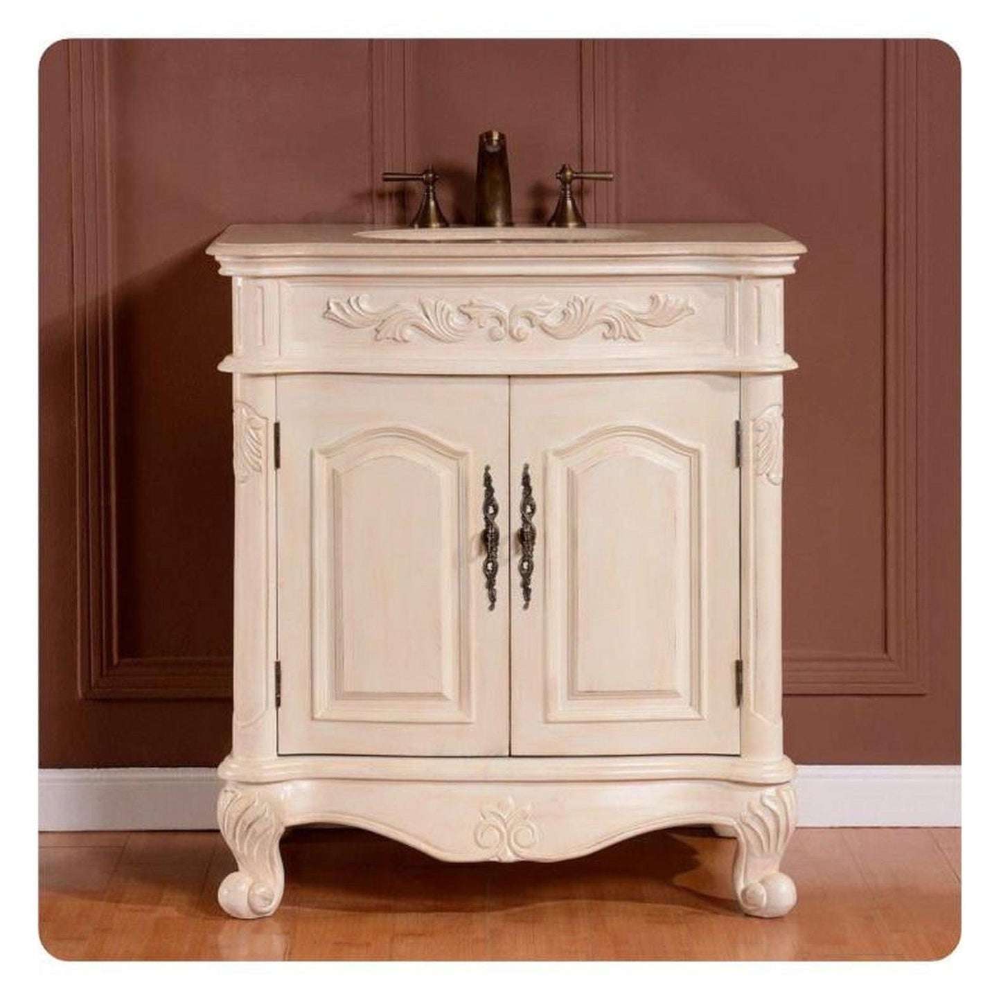 Silkroad Exclusive 32" Single Sink Antique White Bathroom Vanity With Crema Marfil Marbleountertop and White Ceramic Undermount Sink -ZY-0250-CM-UWC-32