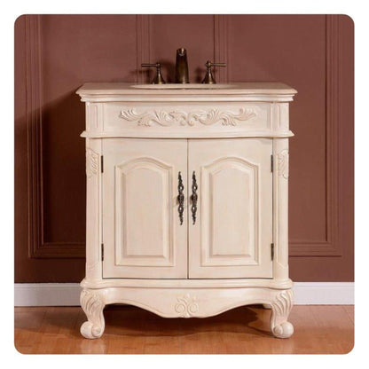 Silkroad Exclusive 32" Single Sink Antique White Bathroom Vanity With Crema Marfil Marbleountertop and White Ceramic Undermount Sink -ZY-0250-CM-UWC-32