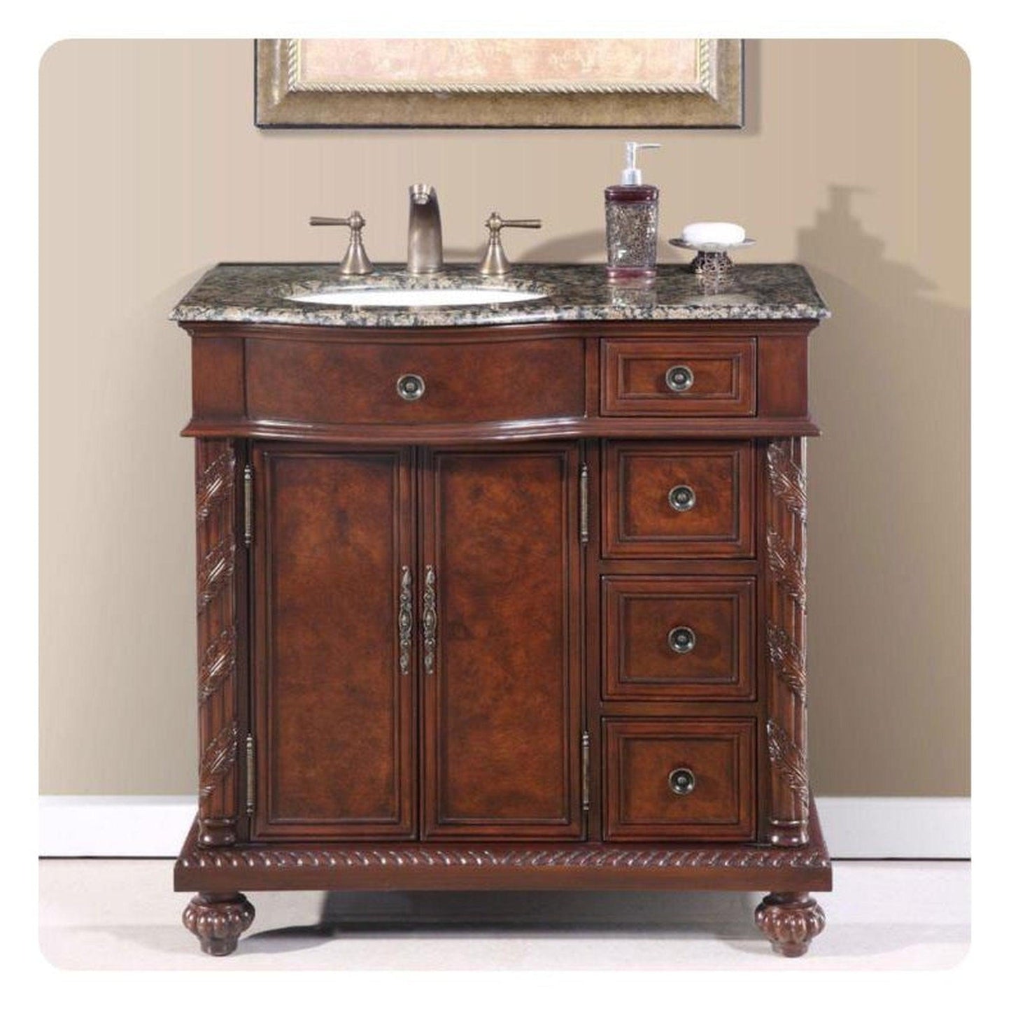 Silkroad Exclusive 36" Left Side Single Sink English Chestnut Bathroom Vanity With Baltic Brown Granite Countertop and White Ceramic Undermount Sink - HYP-0213-BB-UWC-36-L