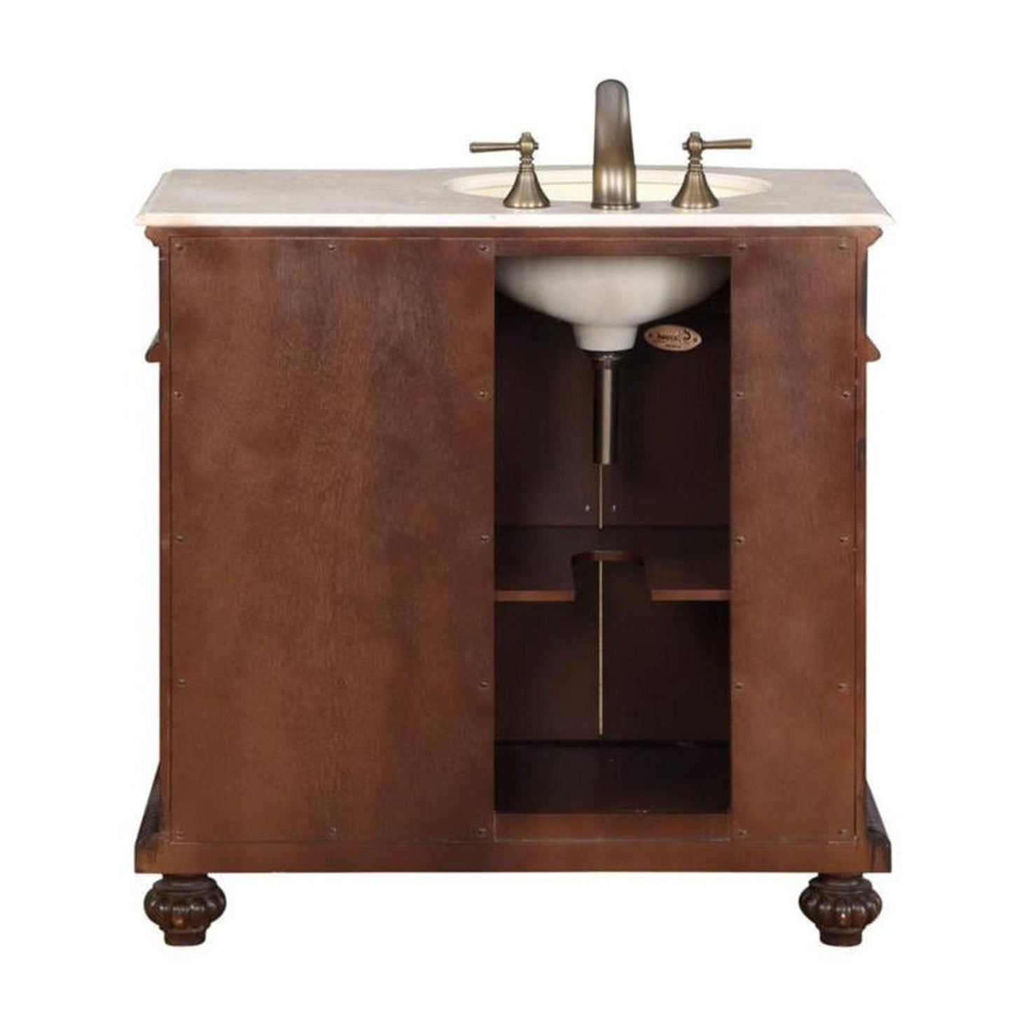 Silkroad Exclusive 36" Left Side Single Sink English Chestnut Bathroom Vanity With Crema Marfil Marble Countertop and Ivory Ceramic Undermount Sink - HYP-0213-CM-UIC-36-L