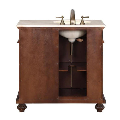Silkroad Exclusive 36" Left Side Single Sink English Chestnut Bathroom Vanity With Crema Marfil Marble Countertop and Ivory Ceramic Undermount Sink - HYP-0213-CM-UIC-36-L
