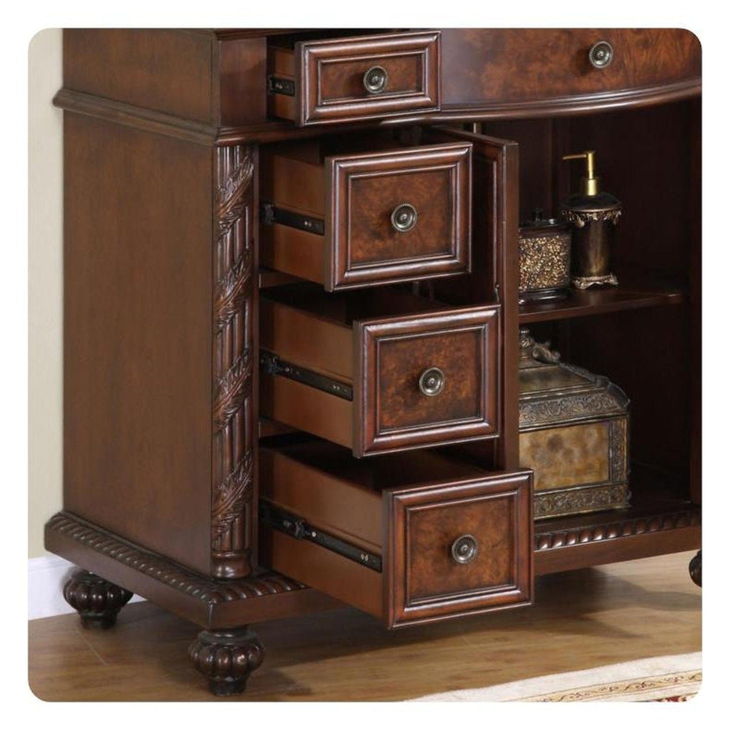 Silkroad Exclusive 36" Left Side Single Sink English Chestnut Bathroom Vanity With Crema Marfil Marble Countertop and Ivory Ceramic Undermount Sink - HYP-0213-CM-UIC-36-L