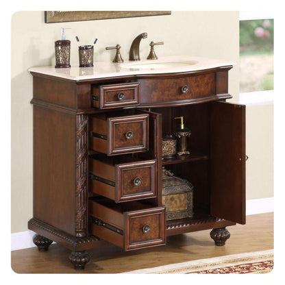 Silkroad Exclusive 36" Left Side Single Sink English Chestnut Bathroom Vanity With Crema Marfil Marble Countertop and Ivory Ceramic Undermount Sink - HYP-0213-CM-UIC-36-L