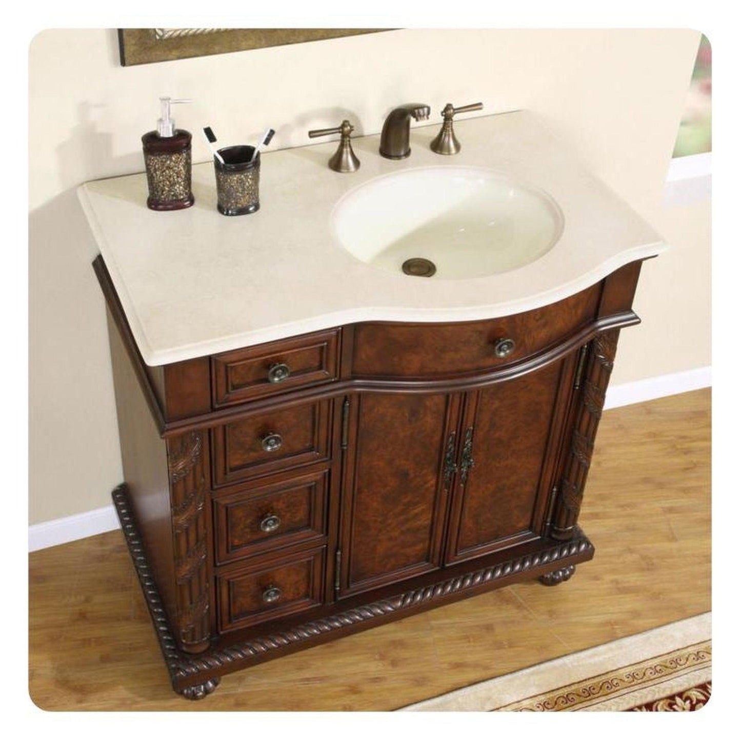 Silkroad Exclusive 36" Left Side Single Sink English Chestnut Bathroom Vanity With Crema Marfil Marble Countertop and Ivory Ceramic Undermount Sink - HYP-0213-CM-UIC-36-L