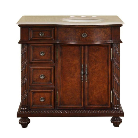 Silkroad Exclusive 36" Left Side Single Sink English Chestnut Bathroom Vanity With Crema Marfil Marble Countertop and Ivory Ceramic Undermount Sink - HYP-0213-CM-UIC-36-L