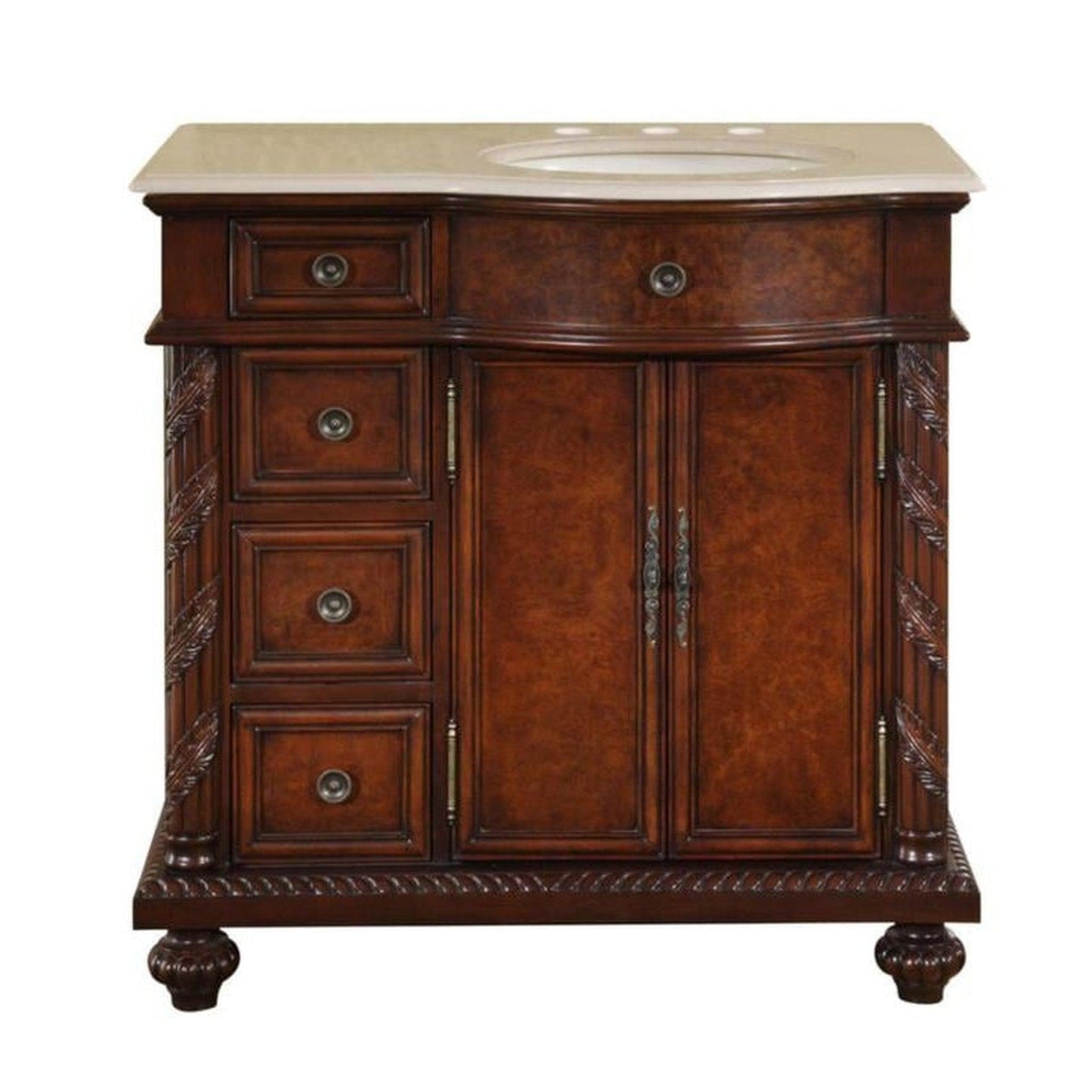 Silkroad Exclusive 36" Left Side Single Sink English Chestnut Bathroom Vanity With Crema Marfil Marble Countertop and Ivory Ceramic Undermount Sink - HYP-0213-CM-UIC-36-L