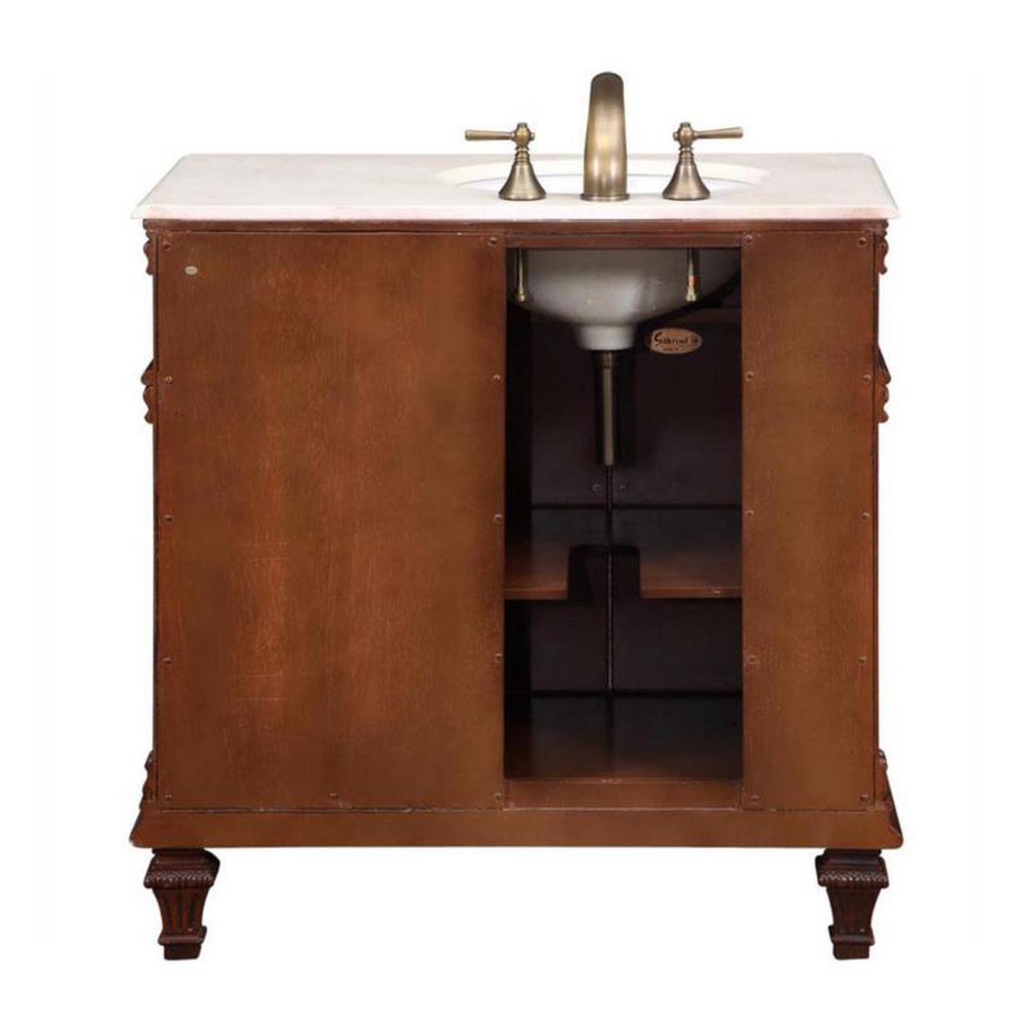 Silkroad Exclusive 36" Left Side Single Sink Vermont Maple Bathroom Vanity With Crema Marfil Marble Countertop and White Ceramic Undermount Sink - HYP-0210-CM-UWC-36-L