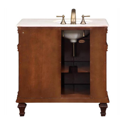 Silkroad Exclusive 36" Left Side Single Sink Vermont Maple Bathroom Vanity With Crema Marfil Marble Countertop and White Ceramic Undermount Sink - HYP-0210-CM-UWC-36-L