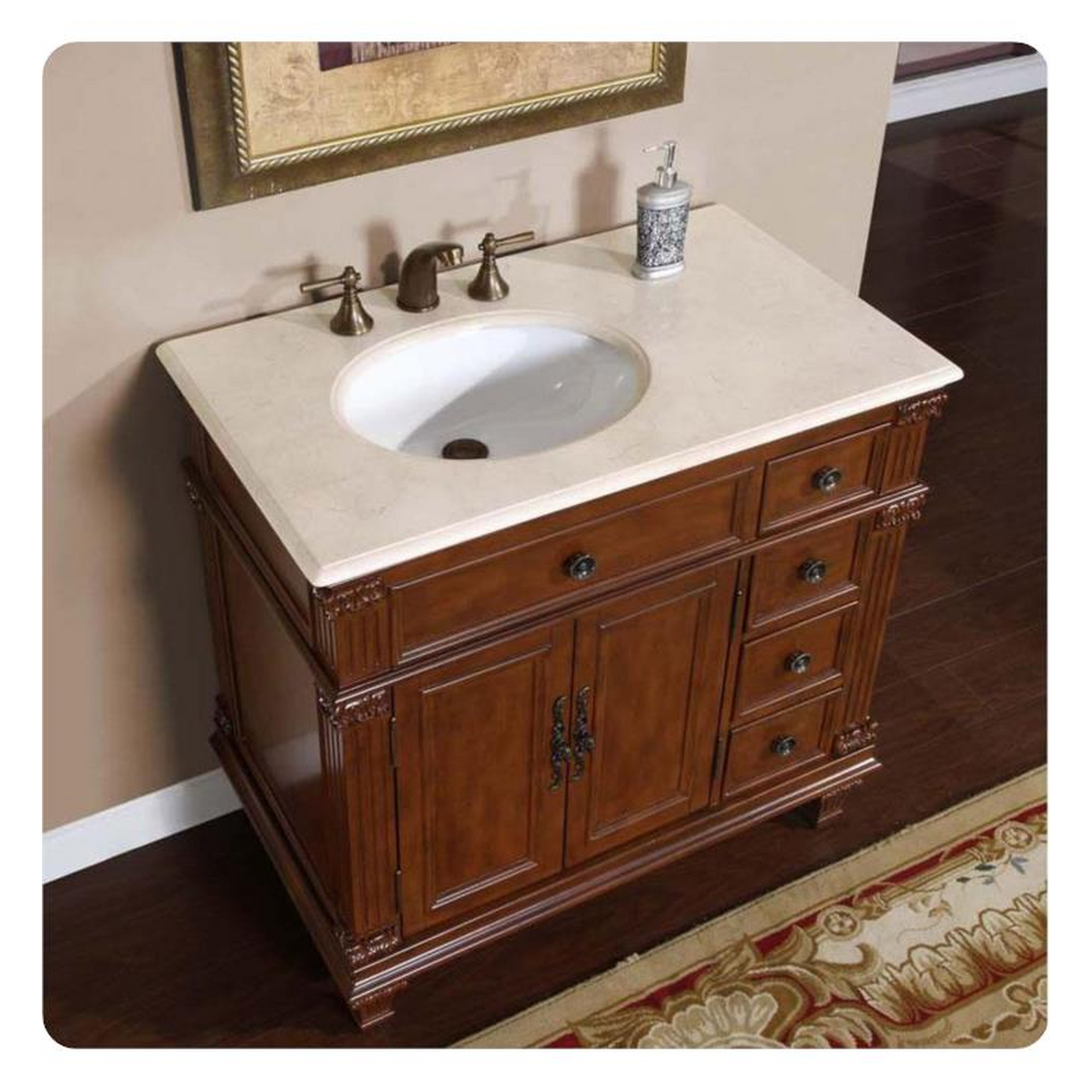 Silkroad Exclusive 36" Left Side Single Sink Vermont Maple Bathroom Vanity With Crema Marfil Marble Countertop and White Ceramic Undermount Sink - HYP-0210-CM-UWC-36-L