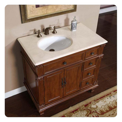 Silkroad Exclusive 36" Left Side Single Sink Vermont Maple Bathroom Vanity With Crema Marfil Marble Countertop and White Ceramic Undermount Sink - HYP-0210-CM-UWC-36-L