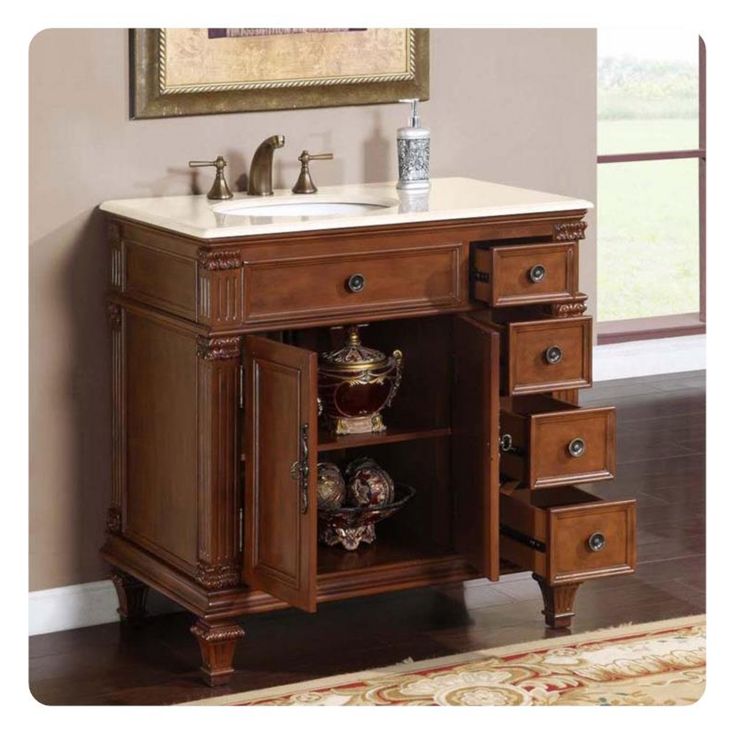 Silkroad Exclusive 36" Left Side Single Sink Vermont Maple Bathroom Vanity With Crema Marfil Marble Countertop and White Ceramic Undermount Sink - HYP-0210-CM-UWC-36-L