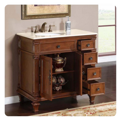 Silkroad Exclusive 36" Left Side Single Sink Vermont Maple Bathroom Vanity With Crema Marfil Marble Countertop and White Ceramic Undermount Sink - HYP-0210-CM-UWC-36-L