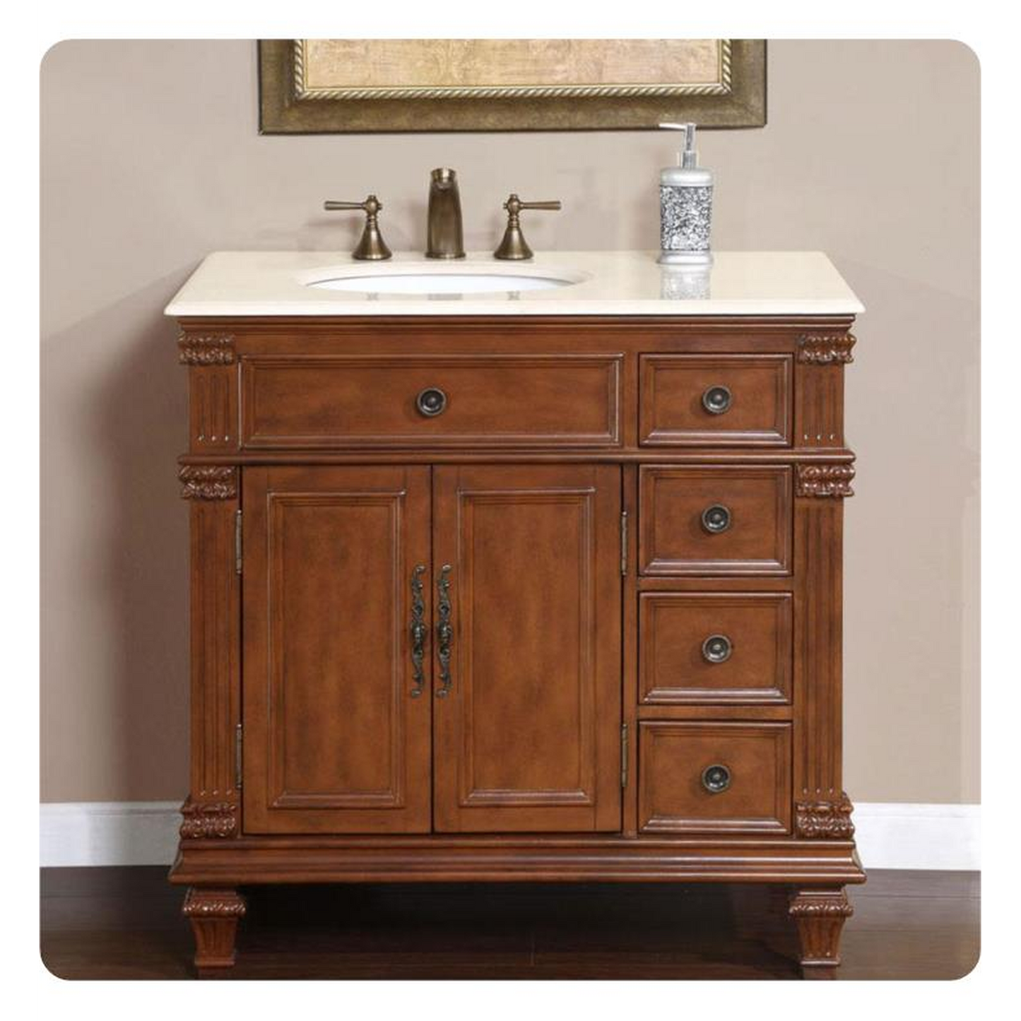 Silkroad Exclusive 36" Left Side Single Sink Vermont Maple Bathroom Vanity With Crema Marfil Marble Countertop and White Ceramic Undermount Sink - HYP-0210-CM-UWC-36-L