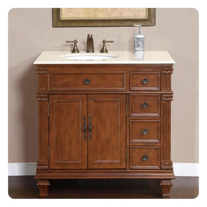 Silkroad Exclusive 36" Left Side Single Sink Vermont Maple Bathroom Vanity With Crema Marfil Marble Countertop and White Ceramic Undermount Sink - HYP-0210-CM-UWC-36-L