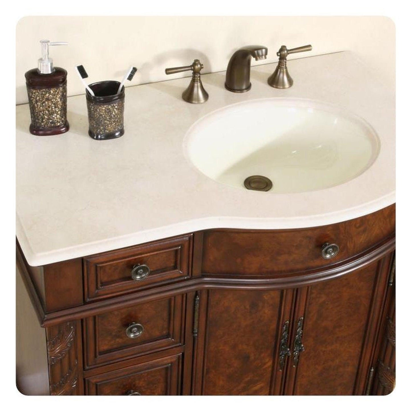 Silkroad Exclusive 36" Right Side Single Sink English Chestnut Bathroom Vanity With Crema Marfil Marble Countertop and Ivory Ceramic Undermount Sink - HYP-0213-CM-UIC-36-R