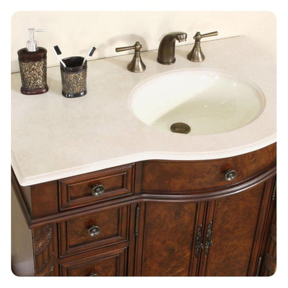 Silkroad Exclusive 36" Right Side Single Sink English Chestnut Bathroom Vanity With Crema Marfil Marble Countertop and Ivory Ceramic Undermount Sink - HYP-0213-CM-UIC-36-R