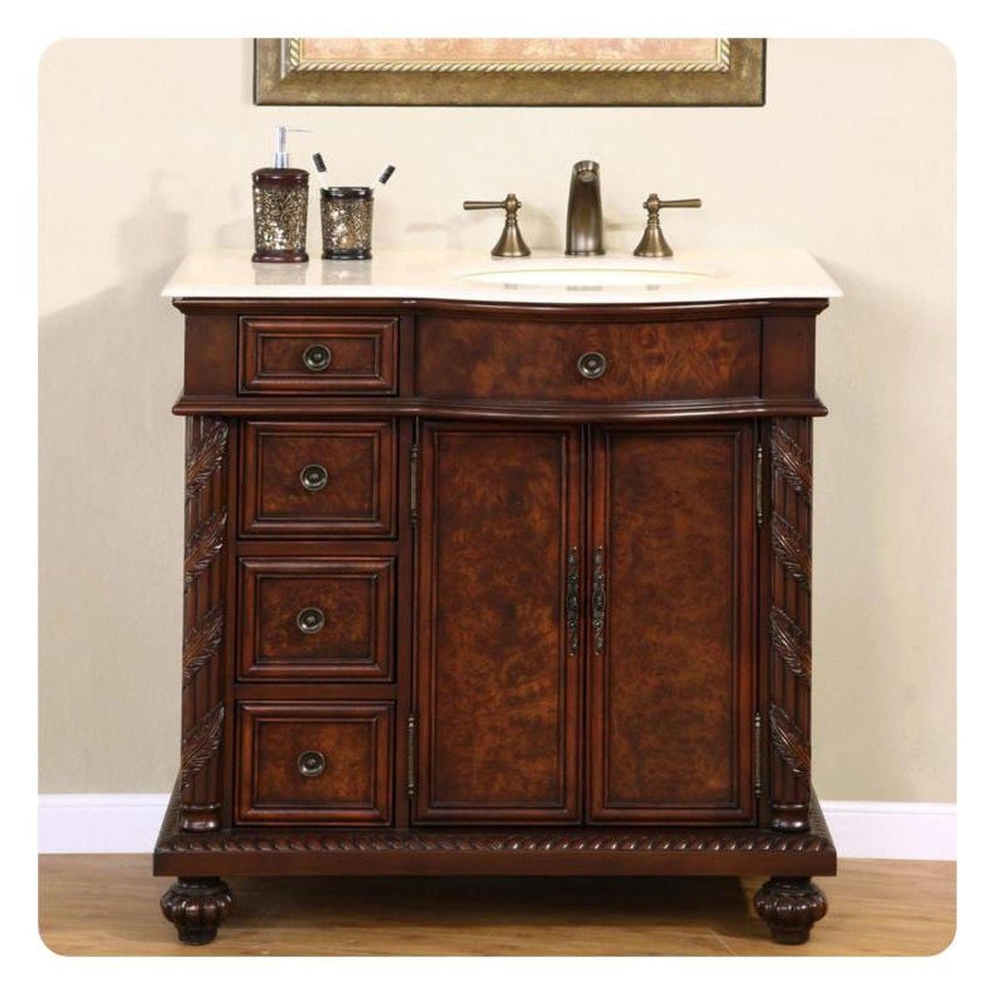 Silkroad Exclusive 36" Right Side Single Sink English Chestnut Bathroom Vanity With Crema Marfil Marble Countertop and Ivory Ceramic Undermount Sink - HYP-0213-CM-UIC-36-R