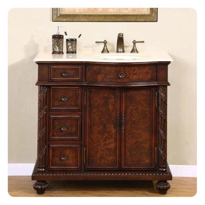 Silkroad Exclusive 36" Right Side Single Sink English Chestnut Bathroom Vanity With Crema Marfil Marble Countertop and Ivory Ceramic Undermount Sink - HYP-0213-CM-UIC-36-R