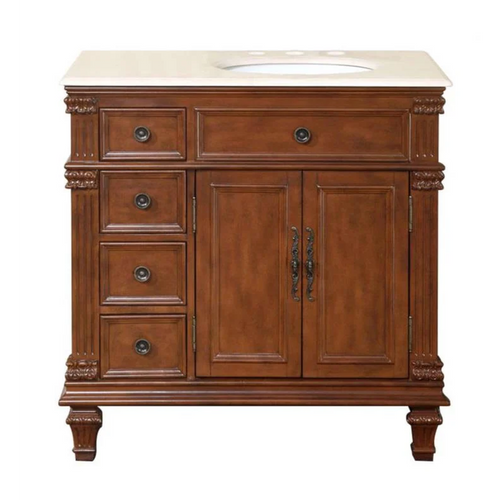 Silkroad Exclusive 36" Right Side Single Sink Vermont Maple Bathroom Vanity With Crema Marfil Marble Countertop and White Ceramic Undermount Sink - HYP-0210-CM-UWC-36-R
