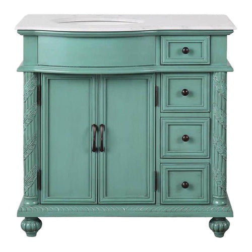 Silkroad Exclusive 36" Single Left Sink Vintage Green Bathroom Vanity With Carrara White Marble Countertop and White Ceramic Undermount Sink - V0213NW36L