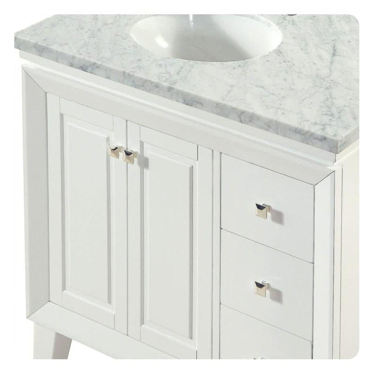 Silkroad Exclusive 36" Single Left Sink White Bathroom Vanity With Carrara White Marble Countertop and White Ceramic Undermount Sink - V0320WW36L